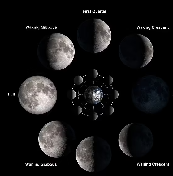 8 مراحل يمر بها القمر من الجانب المضيء للمظلم 