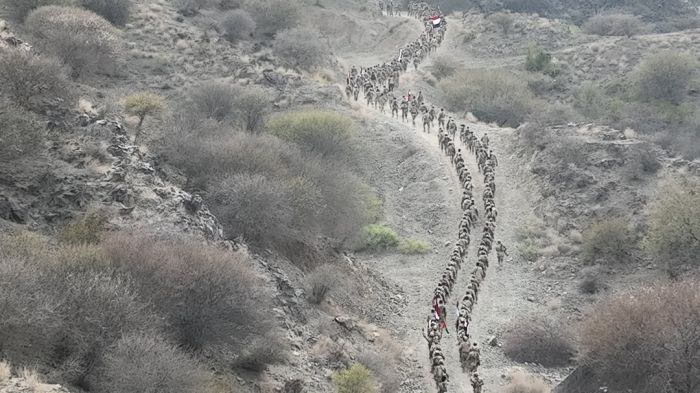 القوات المشتركة تنفذ مسيرا عسكريا في محور البرح